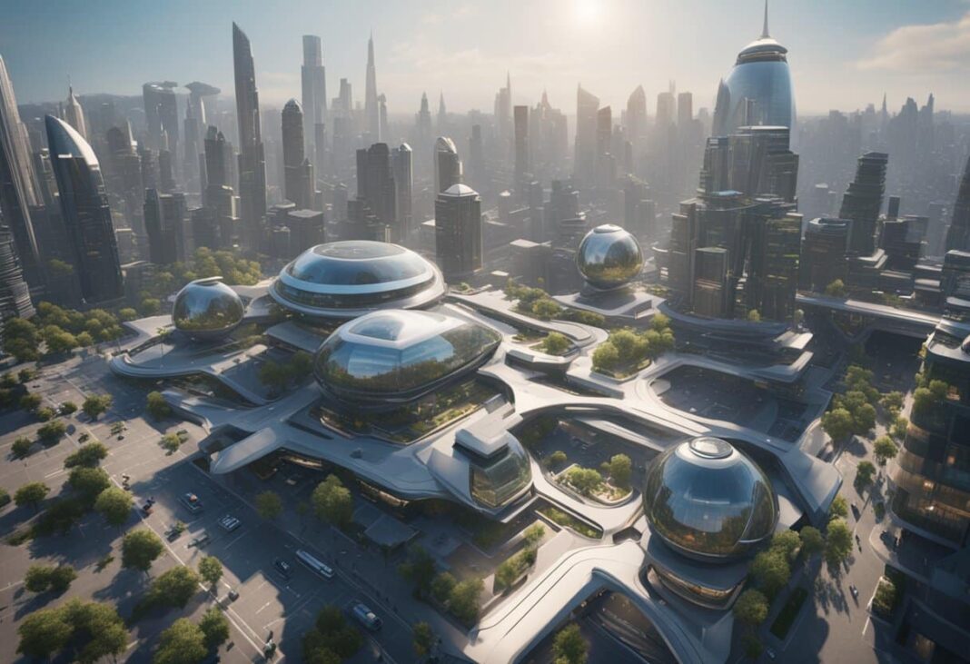 A futuristic cityscape with advanced robots and AI technology integrated into everyday life. High-tech buildings and transportation systems showcase Nividia